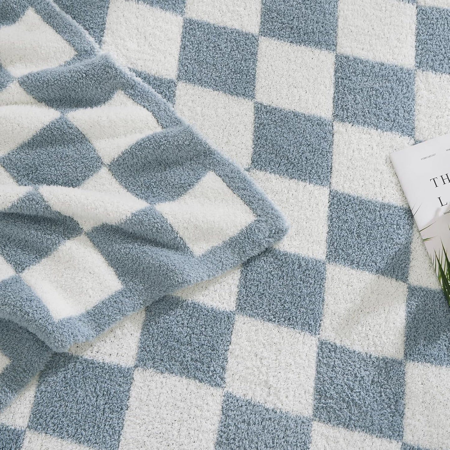 WRENSONGE Checkered Throw Blanket, Grey Blue Soft Cozy Fluffy Warm Hand Made Throw Blankets for