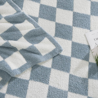 WRENSONGE Checkered Throw Blanket, Grey Blue Soft Cozy Fluffy Warm Hand Made Throw Blankets for