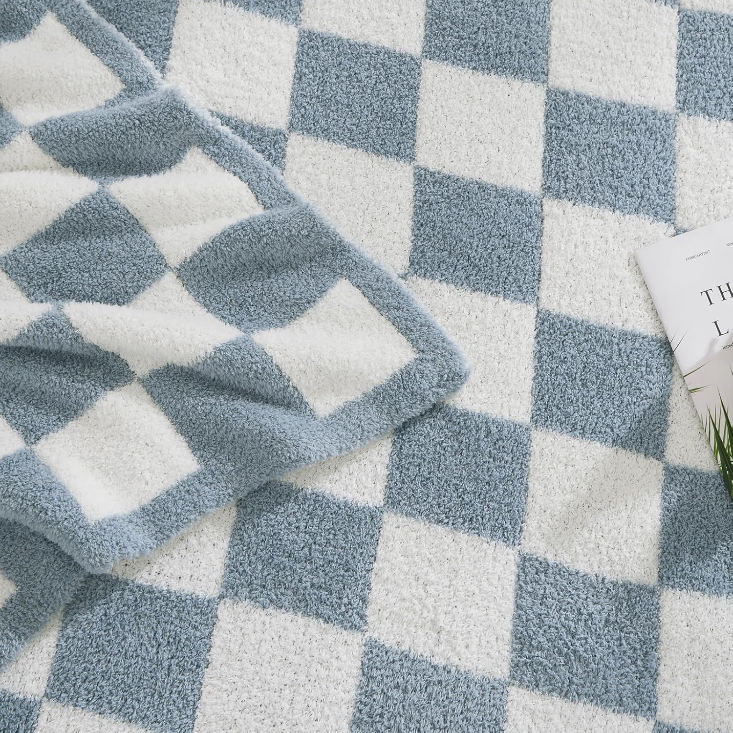 WRENSONGE Checkered Throw Blanket, Grey Blue Soft Cozy Fluffy Warm Hand Made Throw Blankets for