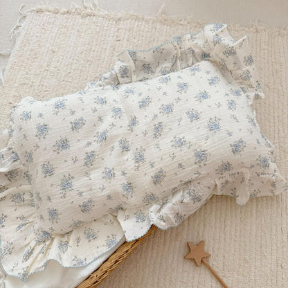 BuLuTu Cotton Muslin Toddler Pillowcases with Blue Flowers Print Soft Breathable Gauze Small Pillow Case for Toddler Boys Girls Nursery Decor, Shower Gift, 14"x20", 1 pc