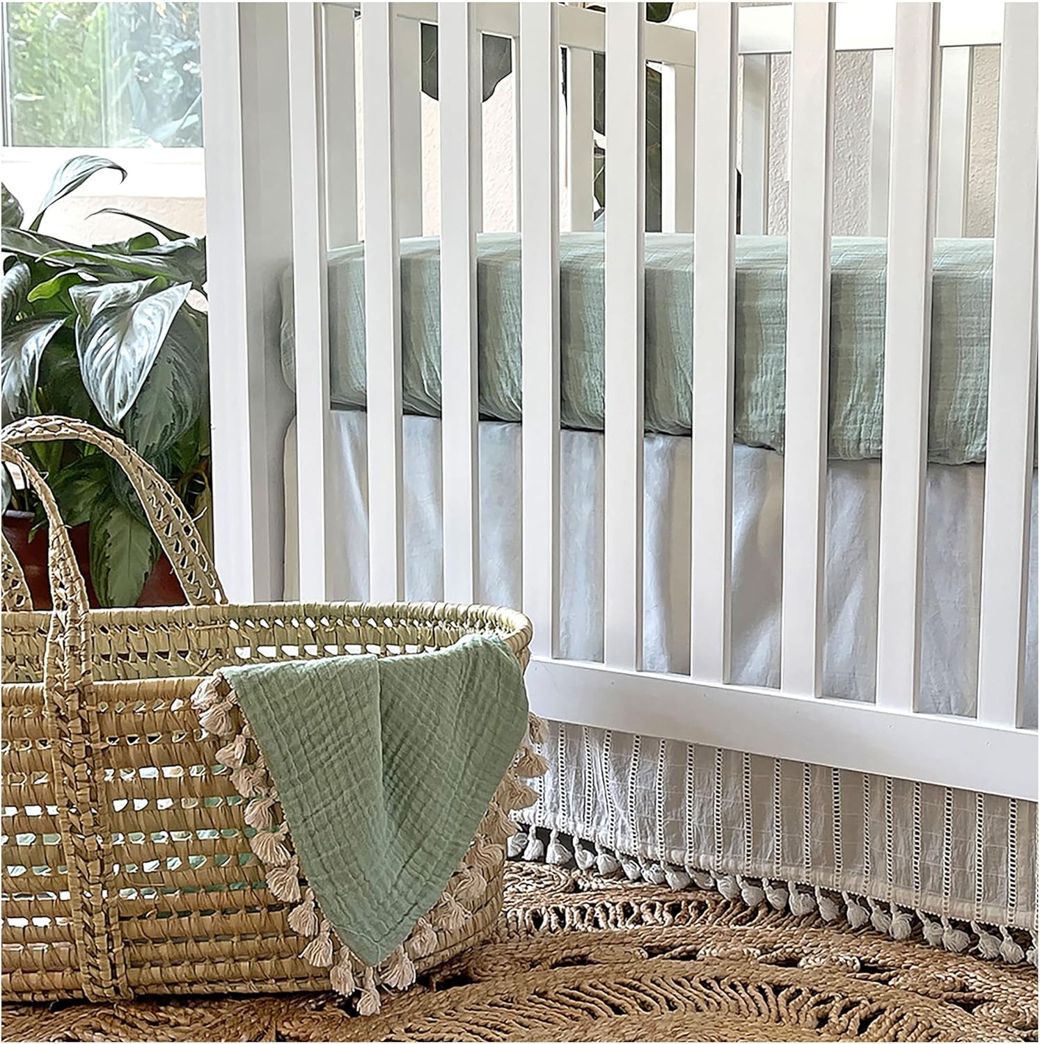 Crane Baby Fitted Sheet, Soft Cotton Fitted Sheet for Cribs and Nurseries, Evergreen, 28”w x 52”h x