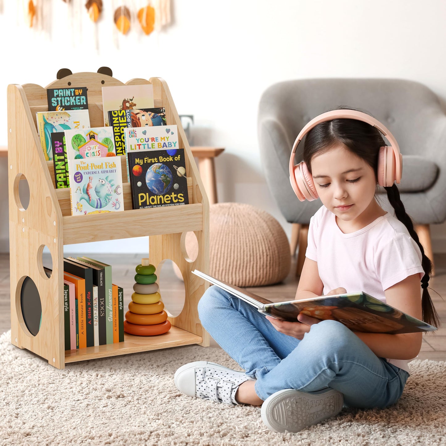 Woodtoe 5 Tier Montessori Bookshelf with Toy Storage, Large Toddler Bookshelf with Chalkboard, Baby