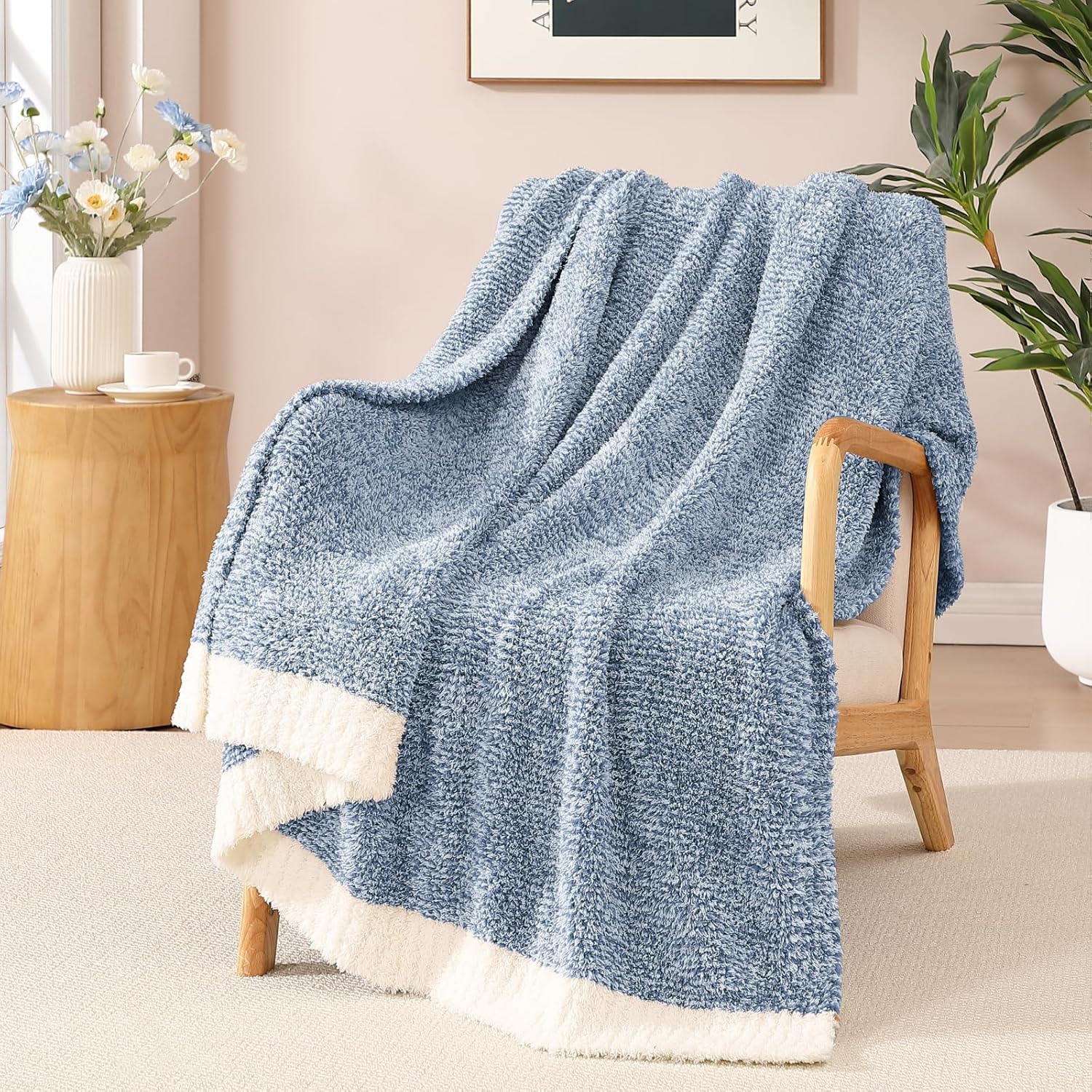 WRENSONGE Throw Blanket Cationic Dyeing Blue Soft Cozy Fluffy Warm Hand Made Throw Blankets for