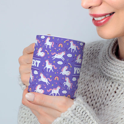 Personalized Mug for Kids - Purple Unicorn - Custom Name/Text, Ceramic Hot Chocolate/Cocoa/Coffee Cup for Girls, Birthday/Christmas/Holiday Gift - 11 oz, Light Blue Handle