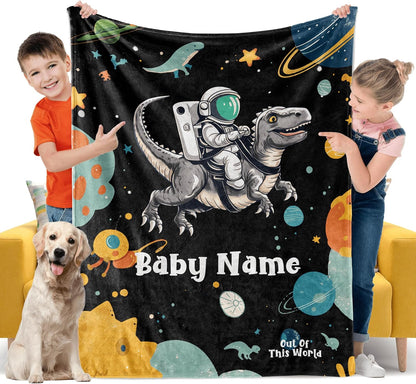 Cute Astronaut Riding Dinosaur Space Baby Blanket, Personalized Custom Baby Throw Blanket with Name for Boys Newborn Son Daughter Grandson Granddaughter Toddler Birthday Bed Blanket