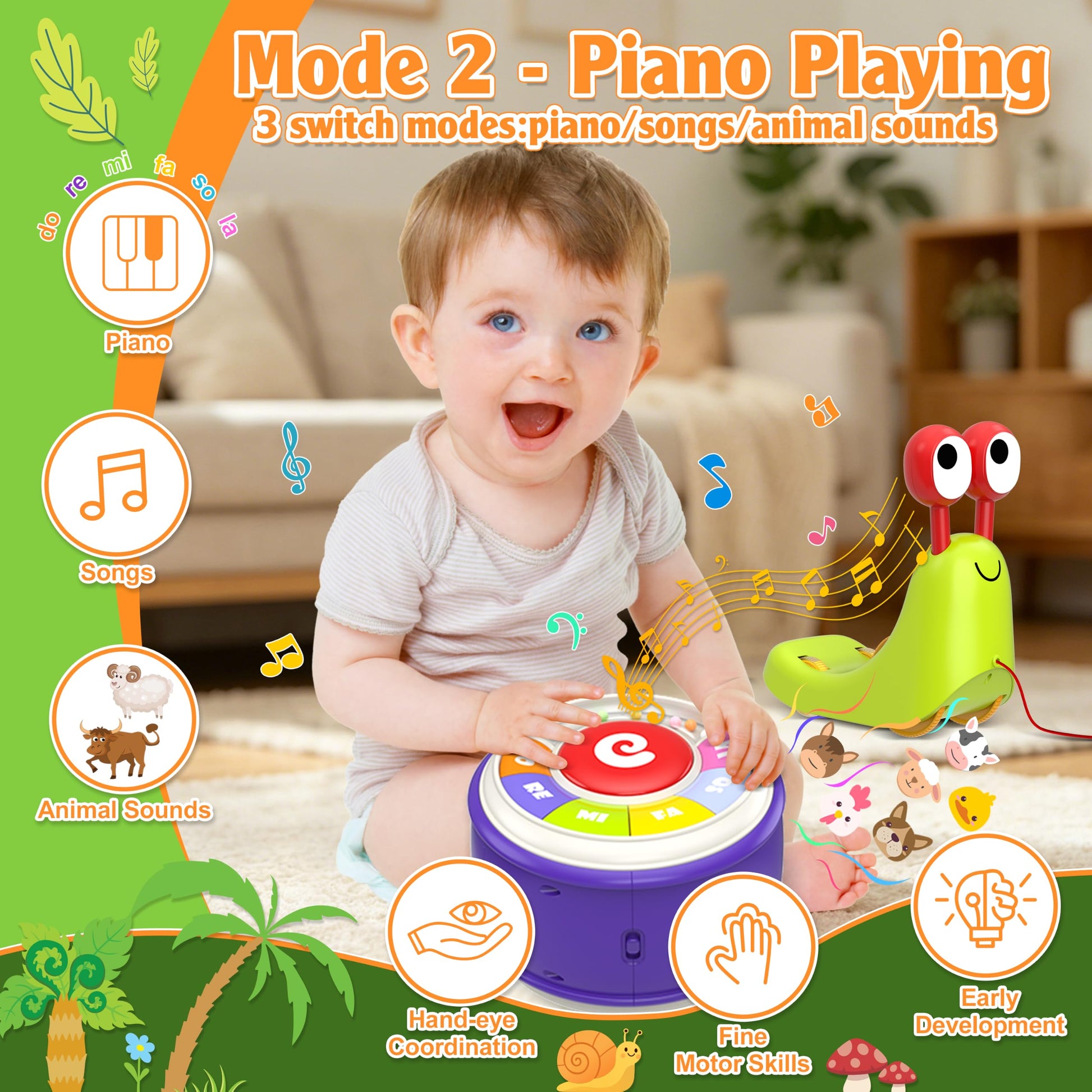 Ciesa 3 in 1 Musical Toddler Toys for 1-3 Year Old, Pull Along Snail Toy with Baby Piano and Light