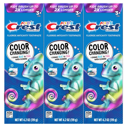 Crest Advanced Kid's Fluoride Toothpaste, Bubblegum Flavor, 4.2 oz, 3 Count, Color-Changing
