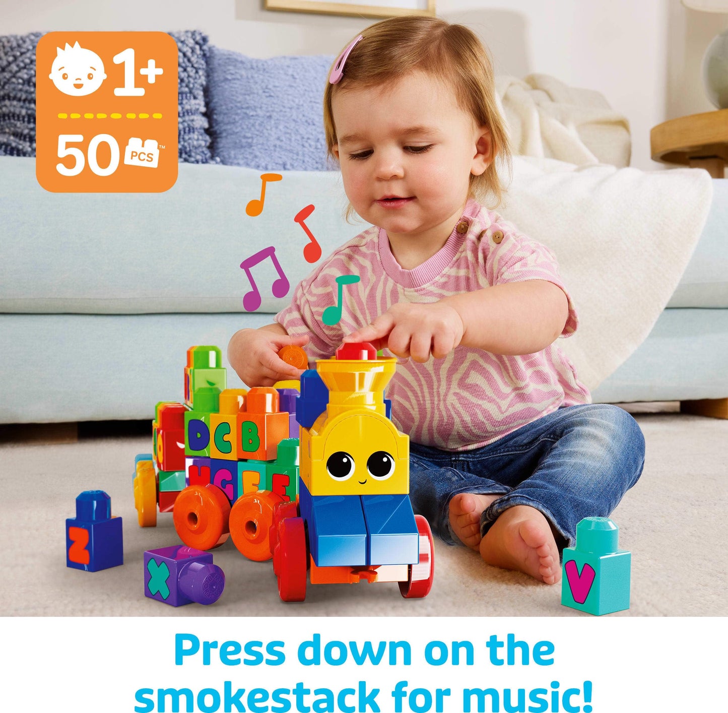 MEGA BLOKS First Builders Toddler Building Blocks Toy Set, ABC Musical Train with 50 Pieces, Music
