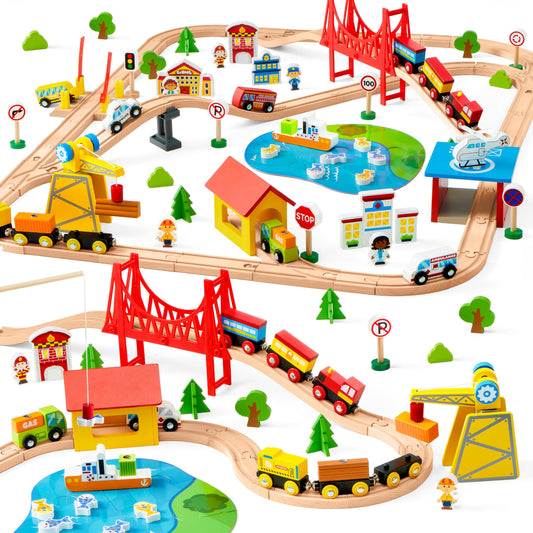 110PCS Wooden Train Set - Toy Magnetic Trains with Wooden Track Set for Kids Ages 3-8, City Scene