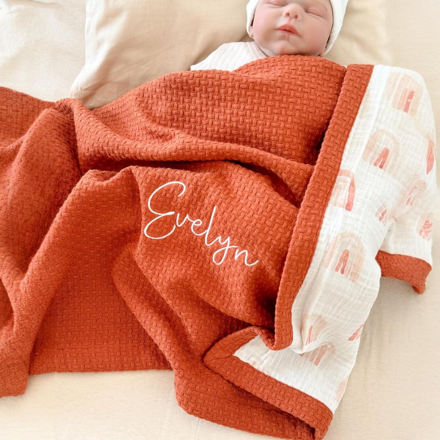 Personalized Baby Blanket with Name – Handmade 100% Organic Cotton Newborn Gift | Custom Knit