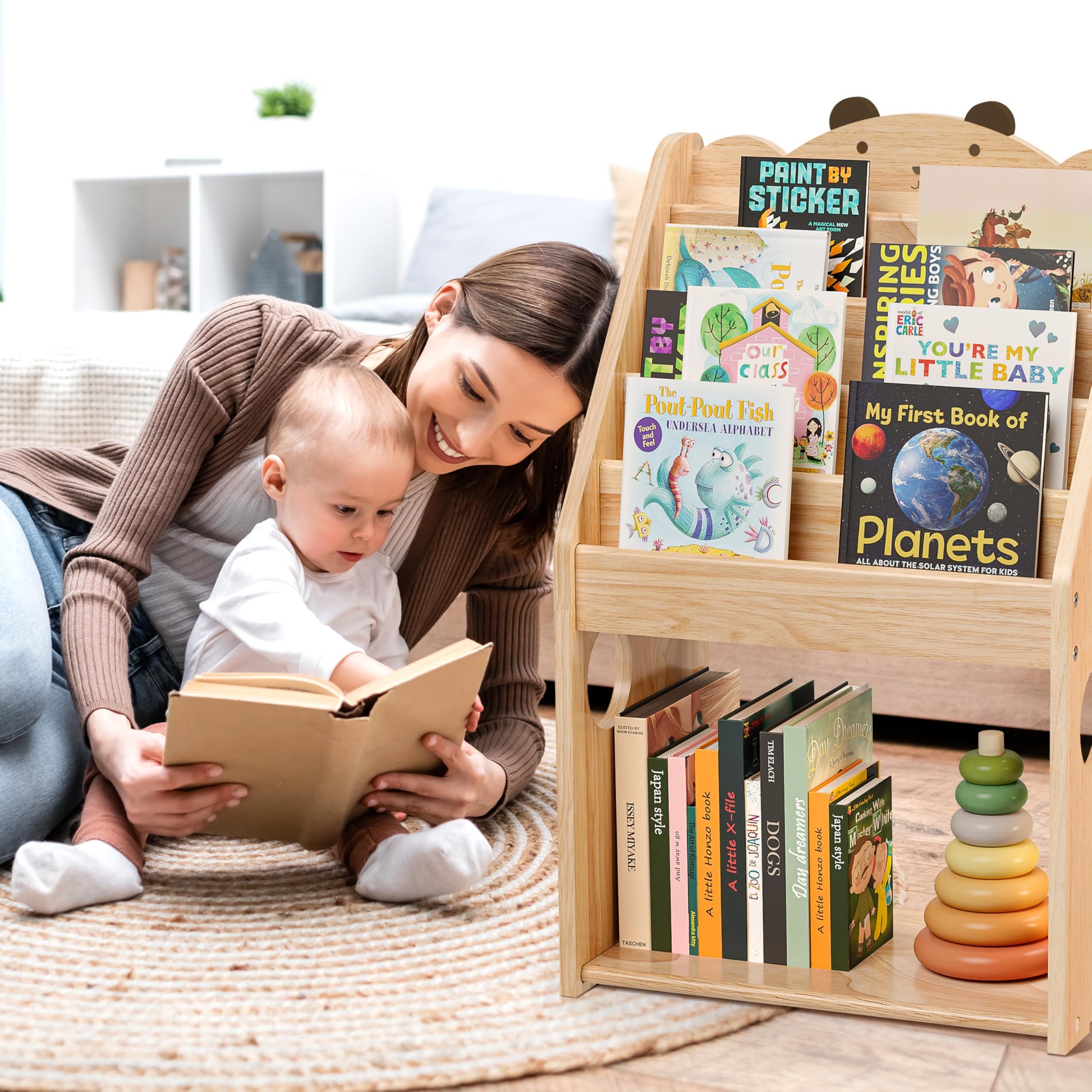 Woodtoe 5 Tier Montessori Bookshelf with Toy Storage, Large Toddler Bookshelf with Chalkboard, Baby