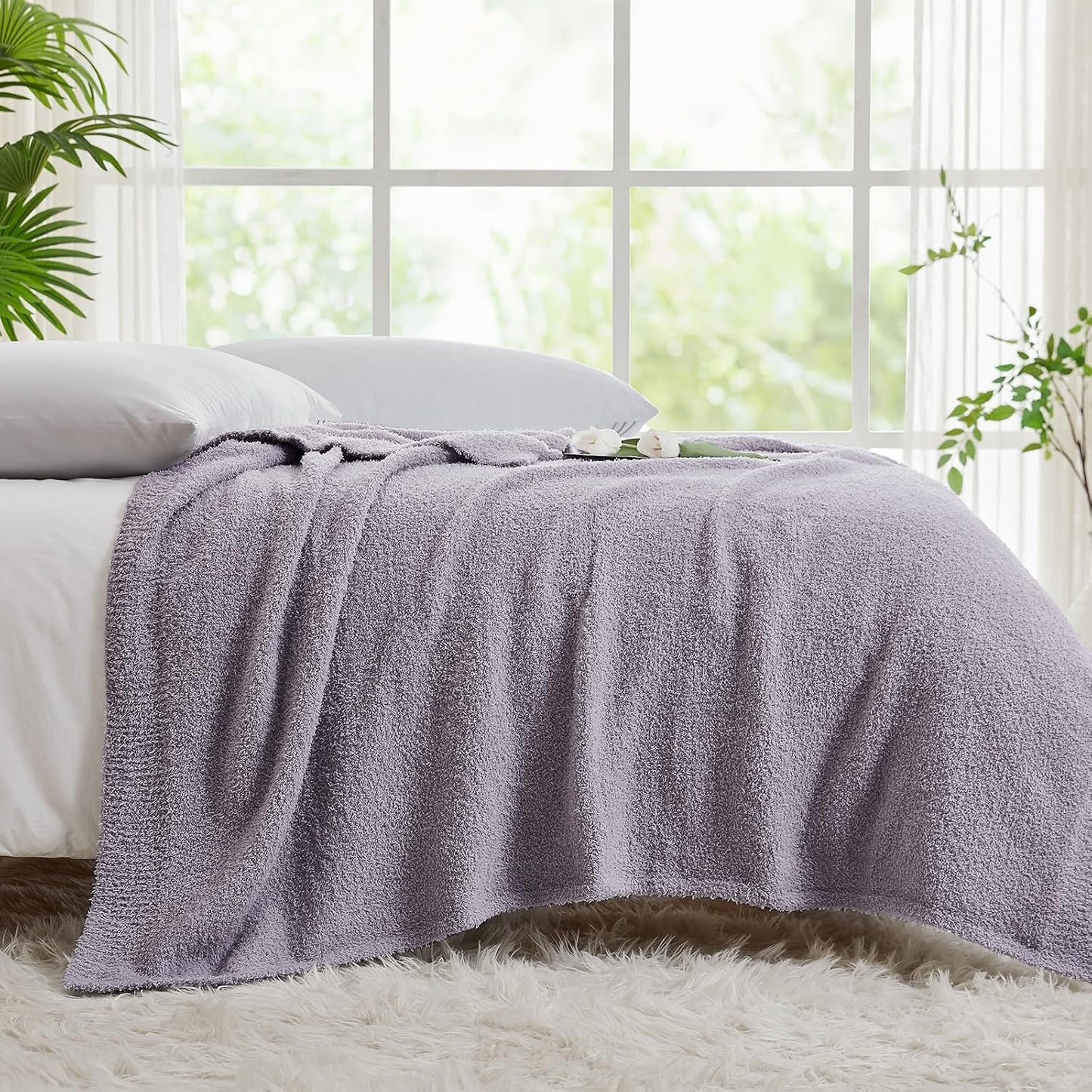 CYMULA Knit Throw Blanket for Couch Purple - Super Soft Lightweight Plush Fuzzy Fluffy Cozy