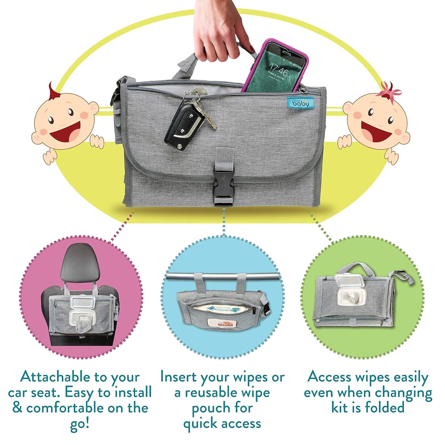 Kopi Baby Portable Diaper Changing Pad - Baby Diaper Changer Travel Bag with Wipes Pocket, Smart Design Portable Changing Mat, Infant Travel Station Kit, Gift for Newborn Girl & Boy - Grey, Classic