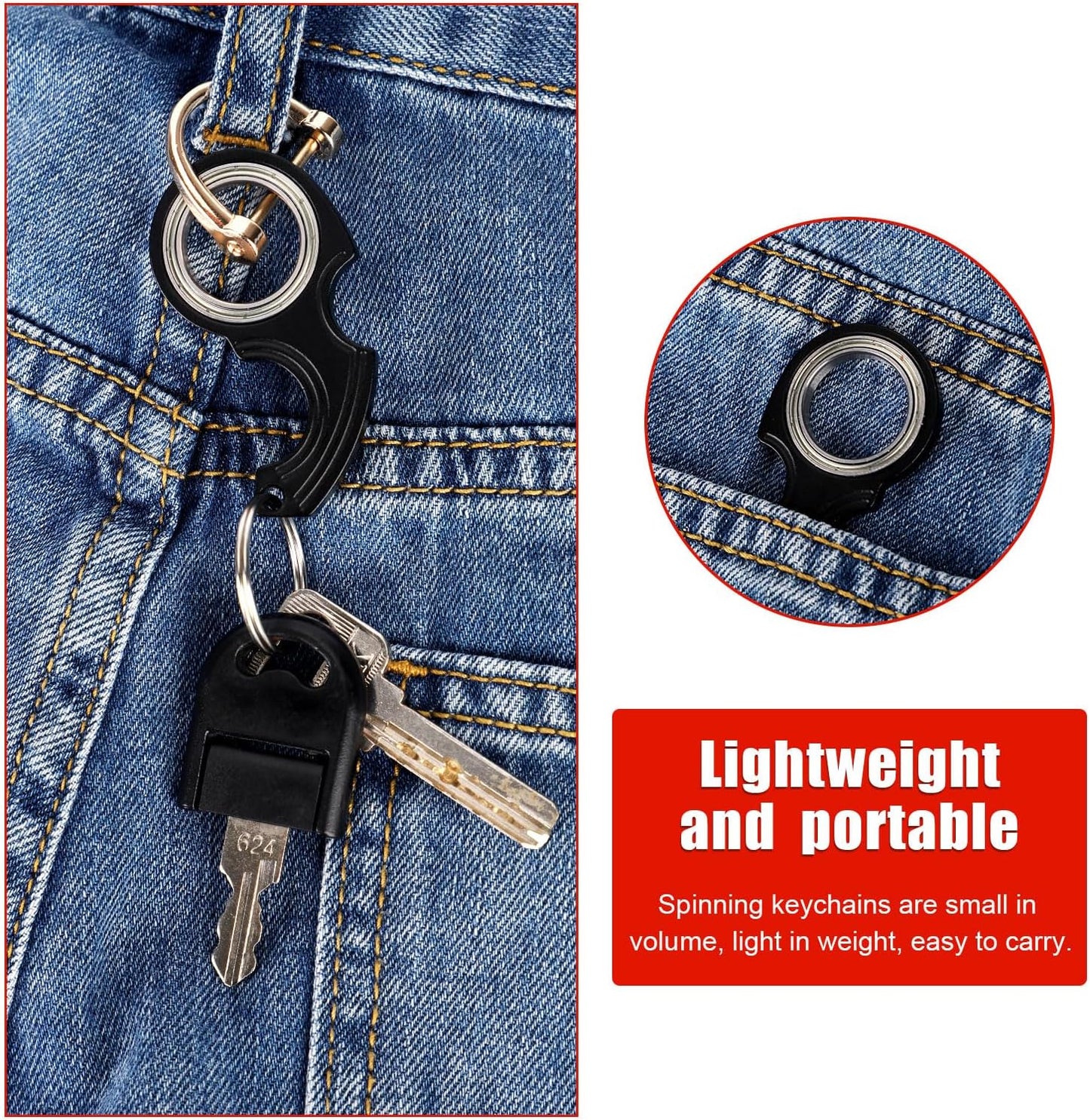 2pcs Key Chain Spinner Toys 0.67" Inner Diameter with 2pcs Key Rings, Finger Fidget Keychain Key
