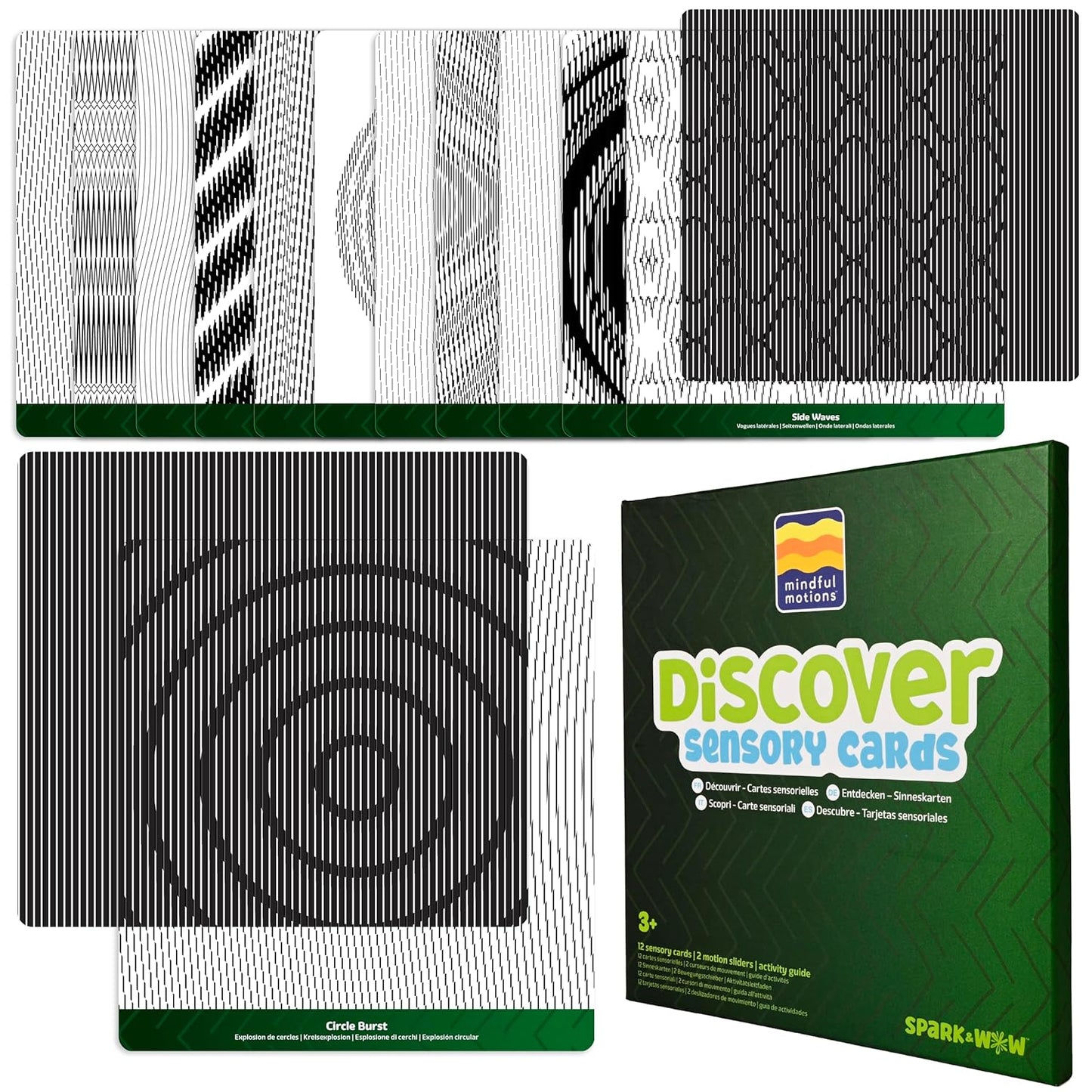 SPARK & WOW Sensory Cards | Discover | 12 Dynamic Patterns | 2 Sliders | Calming Corner Items for Kids | Screen-Free Visual Sensory Toys