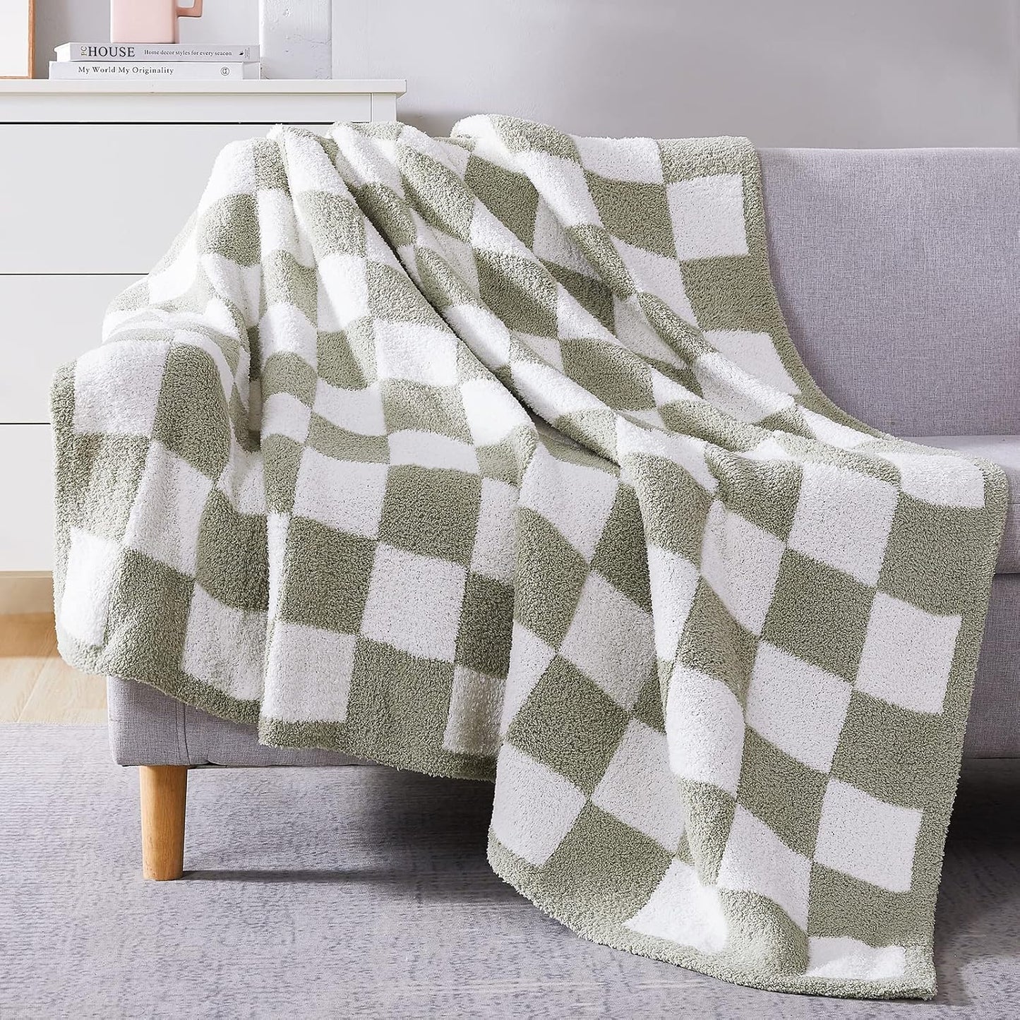 WRENSONGE Checkered Throw Blanket, Sage Green Soft Cozy Fluffy Warm Hand Made Throw Blankets for