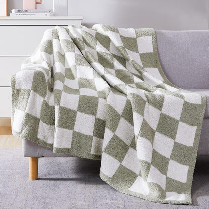 WRENSONGE Checkered Throw Blanket, Sage Green Soft Cozy Fluffy Warm Hand Made Throw Blankets for