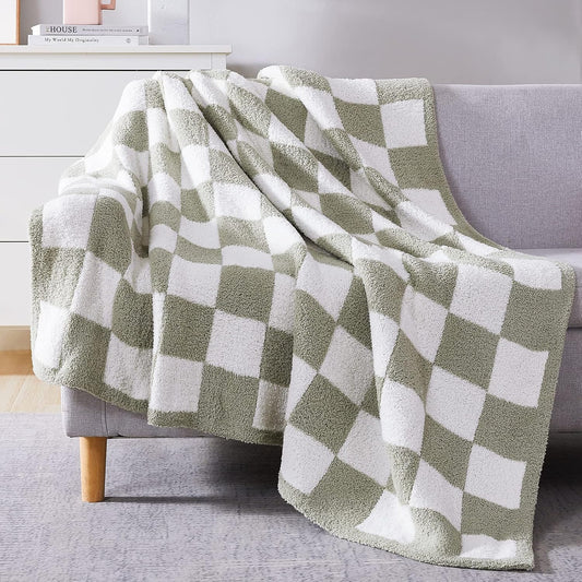 WRENSONGE Checkered Throw Blanket, Sage Green Soft Cozy Fluffy Warm Hand Made Throw Blankets for