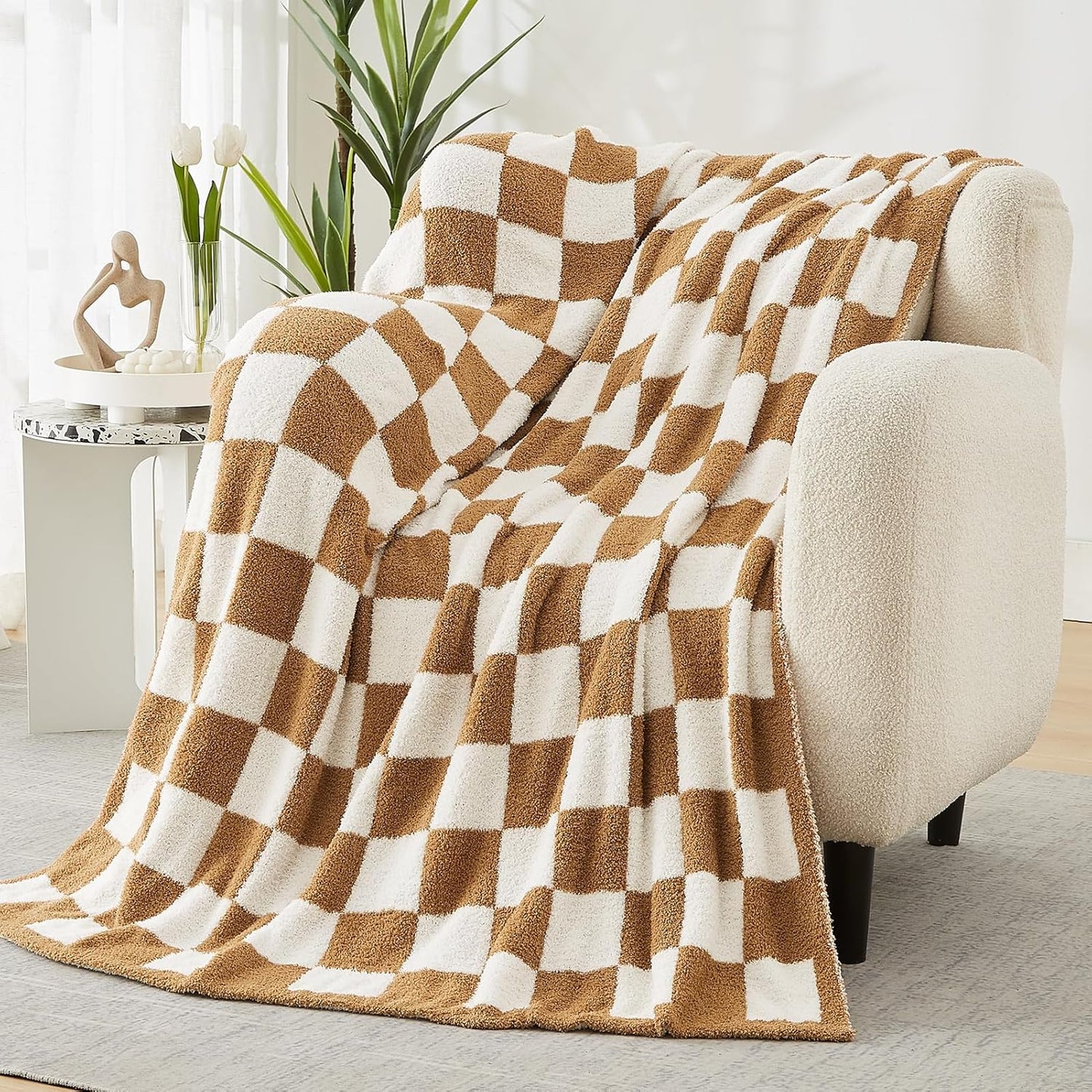WRENSONGE Checkered Throw Blanket, Burnt Orange Soft Cozy Fluffy Warm Hand Made Throw Blankets for