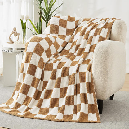 WRENSONGE Checkered Throw Blanket, Burnt Orange Soft Cozy Fluffy Warm Hand Made Throw Blankets for
