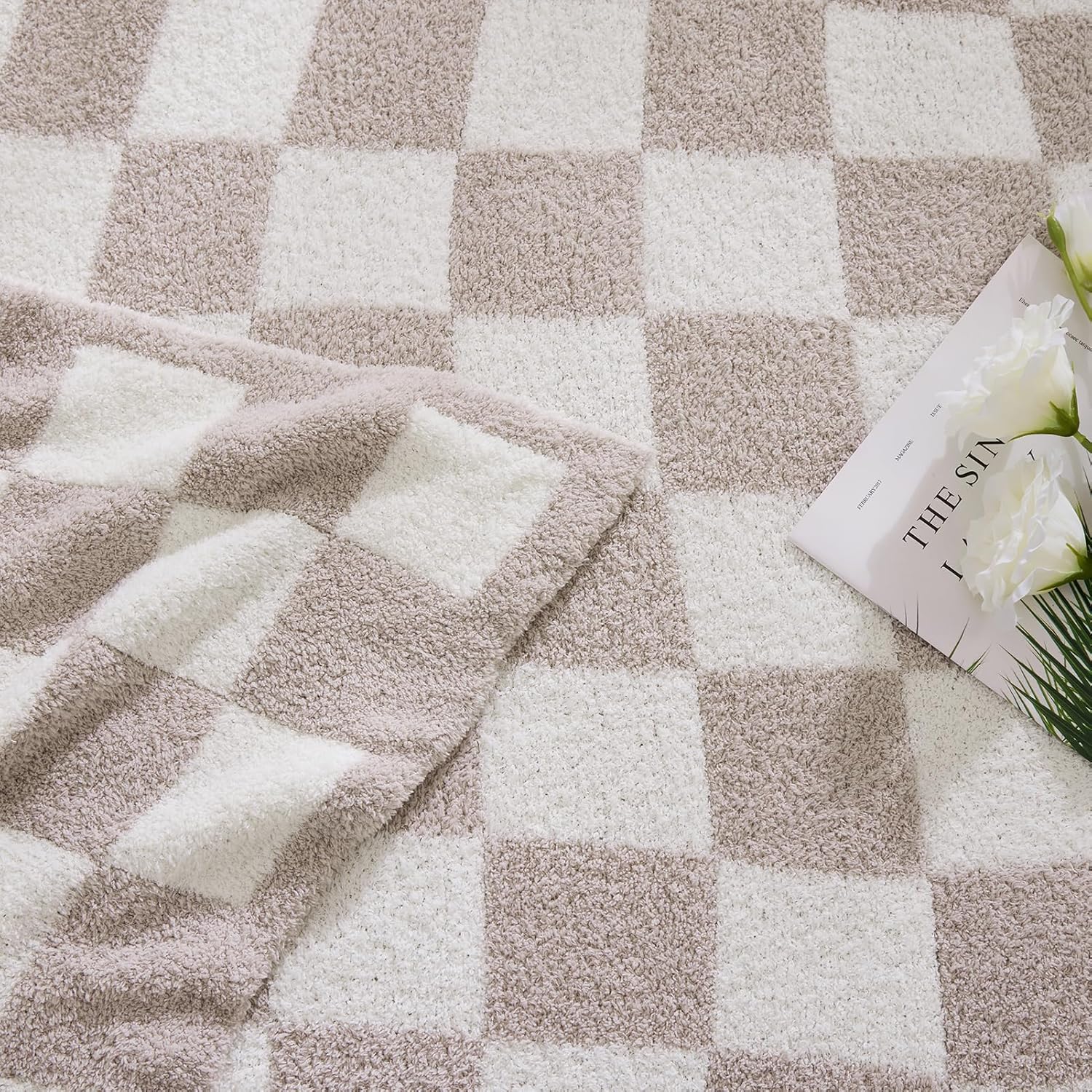 WRENSONGE Checkered Throw Blanket, Taupe Soft Cozy Fluffy Warm Hand Made Throw Blankets for Couch