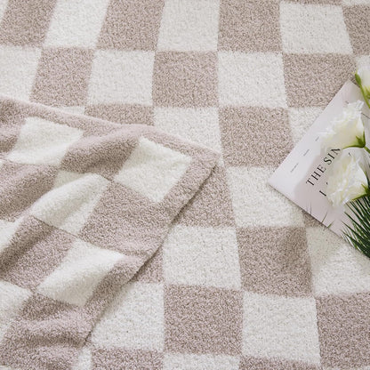 WRENSONGE Checkered Throw Blanket, Taupe Soft Cozy Fluffy Warm Hand Made Throw Blankets for Couch