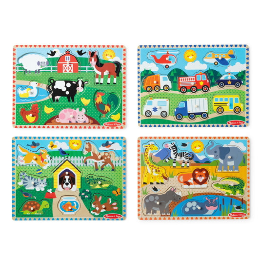 Melissa & Doug Wooden Peg Puzzle Set – 4-Pack Vehicle, Farm, Safari & Pet Animal Themes