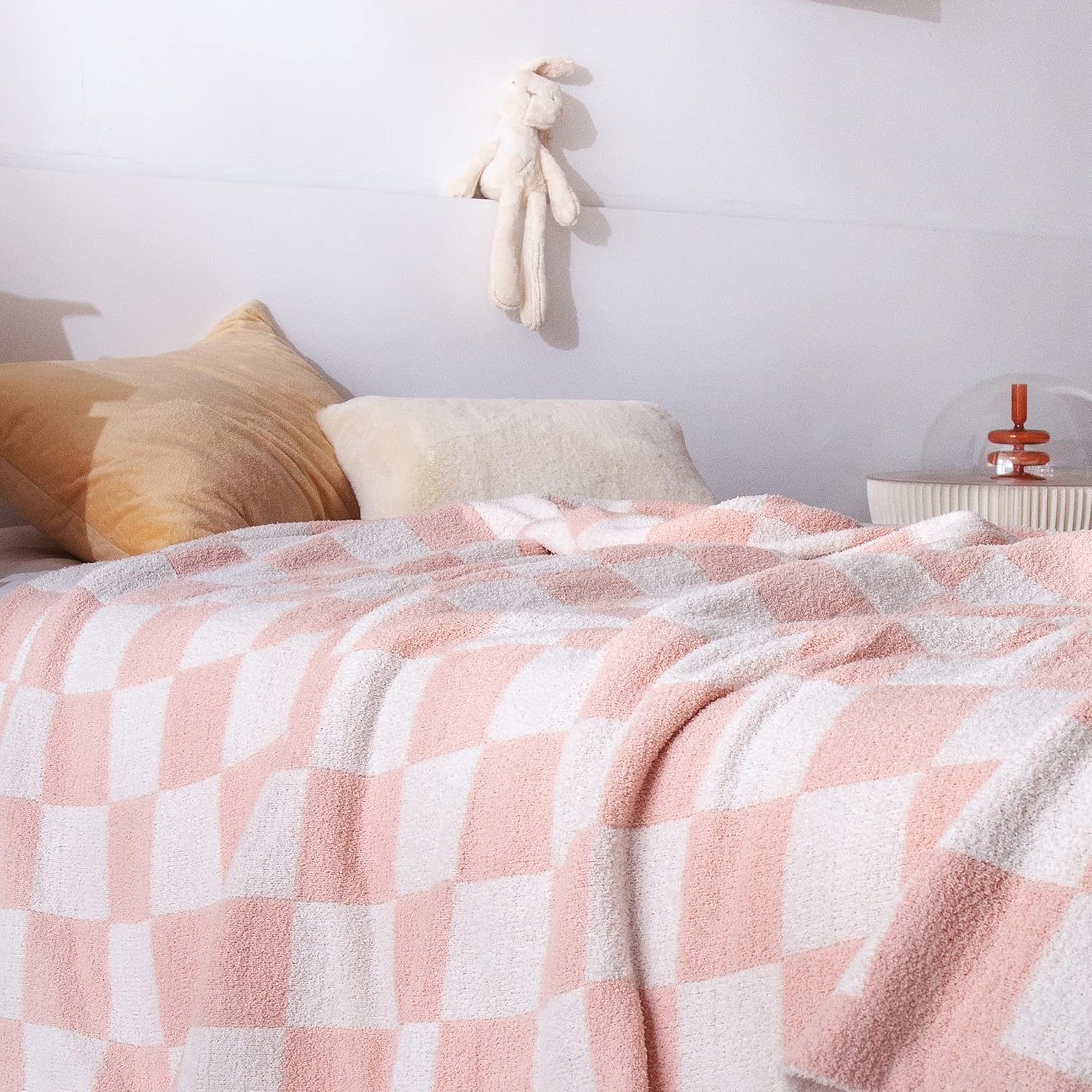 SeaRoomy Checkered Blanket, Ultra Soft Cozy Knit Throw Blanket Queen Size, Warm Fluffy Reversible