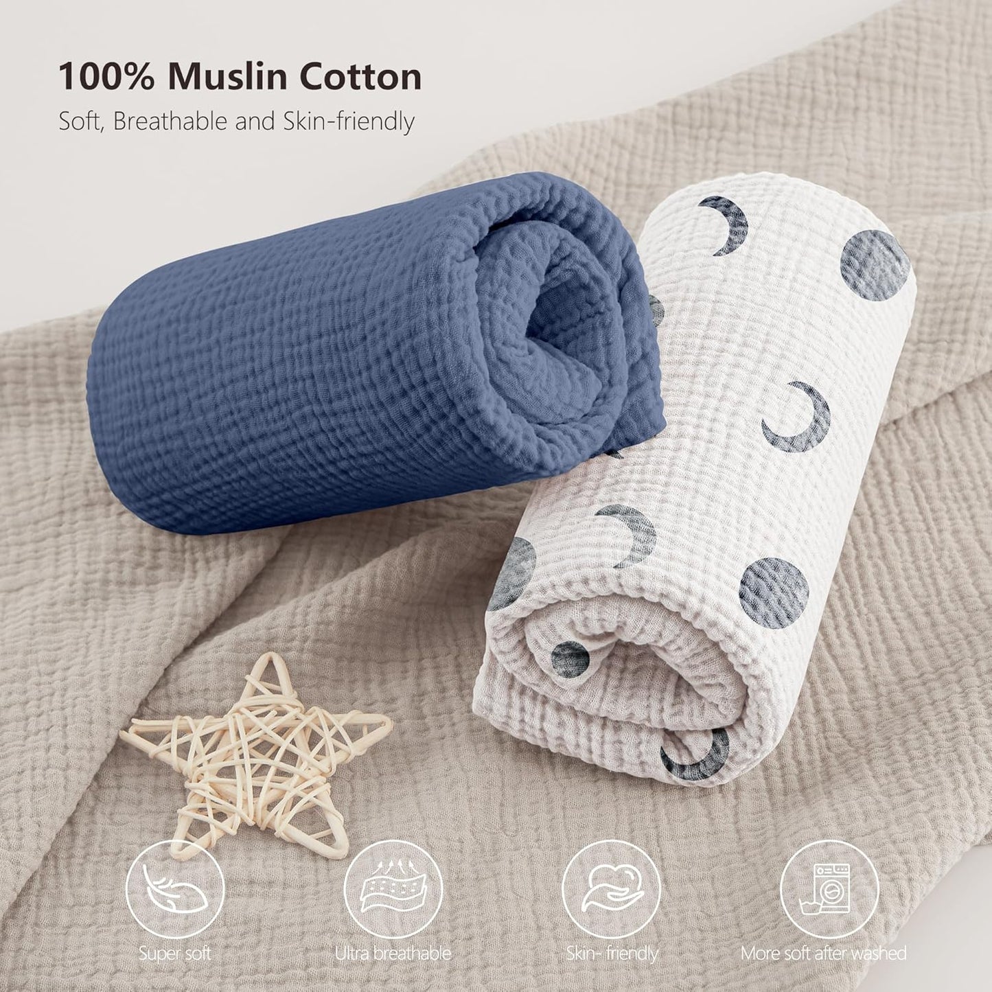 Bearmoss Muslin Mini Crib Sheets for Pack N Play Mattress - 100% Cotton - 38"x24" Soft Breathable
