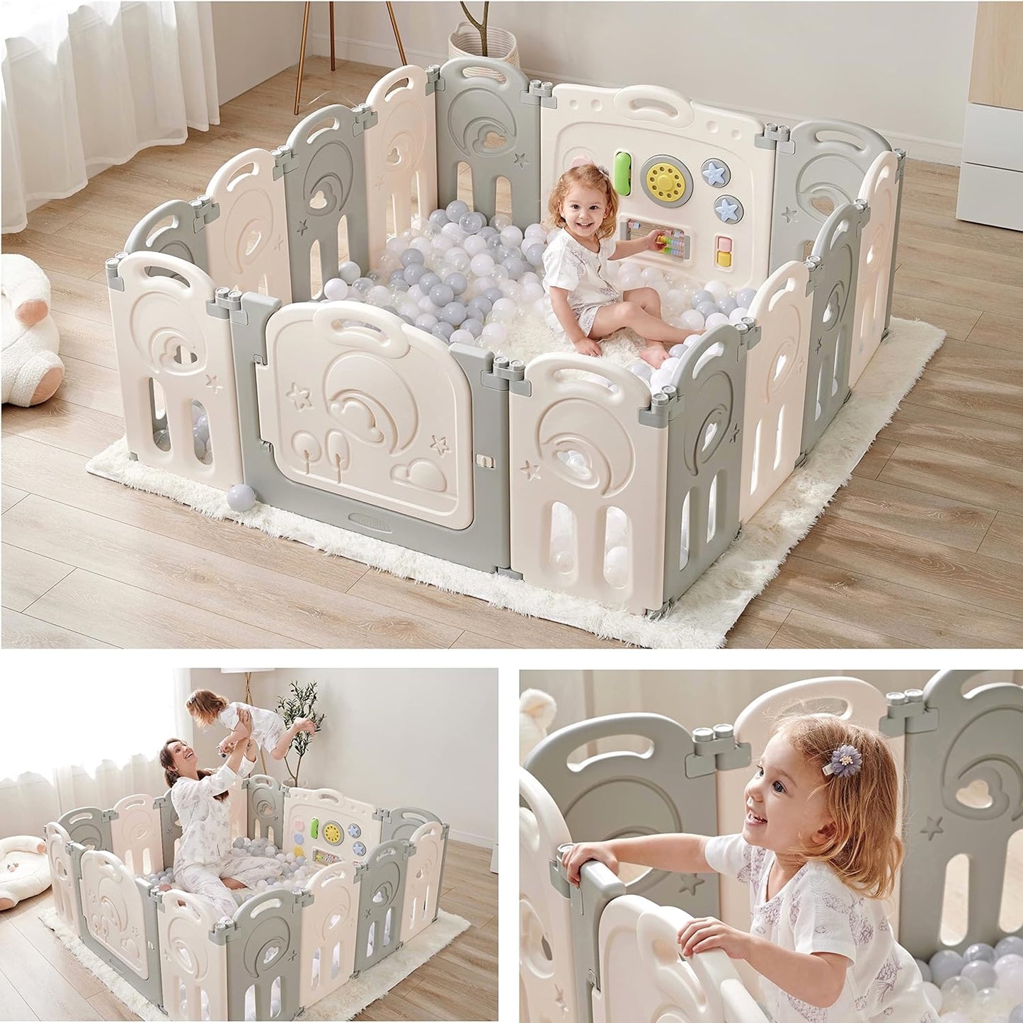 Fortella Cloud Castle Foldable Playpen, Baby Safety Play Yard with Whiteboard and Activity Wall