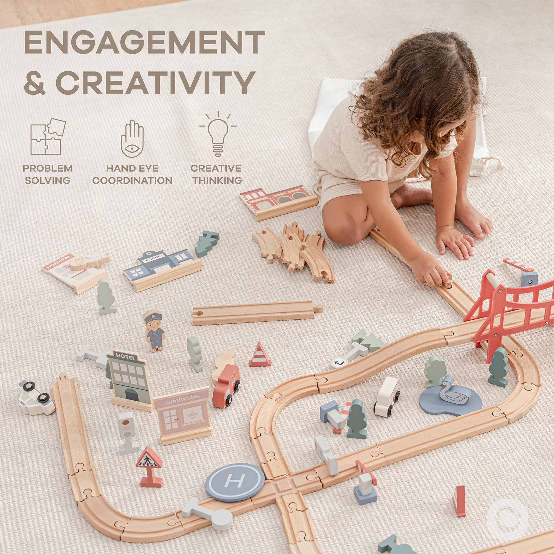Comfy Cubs 100-Piece Wooden Train Set for Toddlers Ages 1+, Fun & Eco Friendly Toddler Train Set