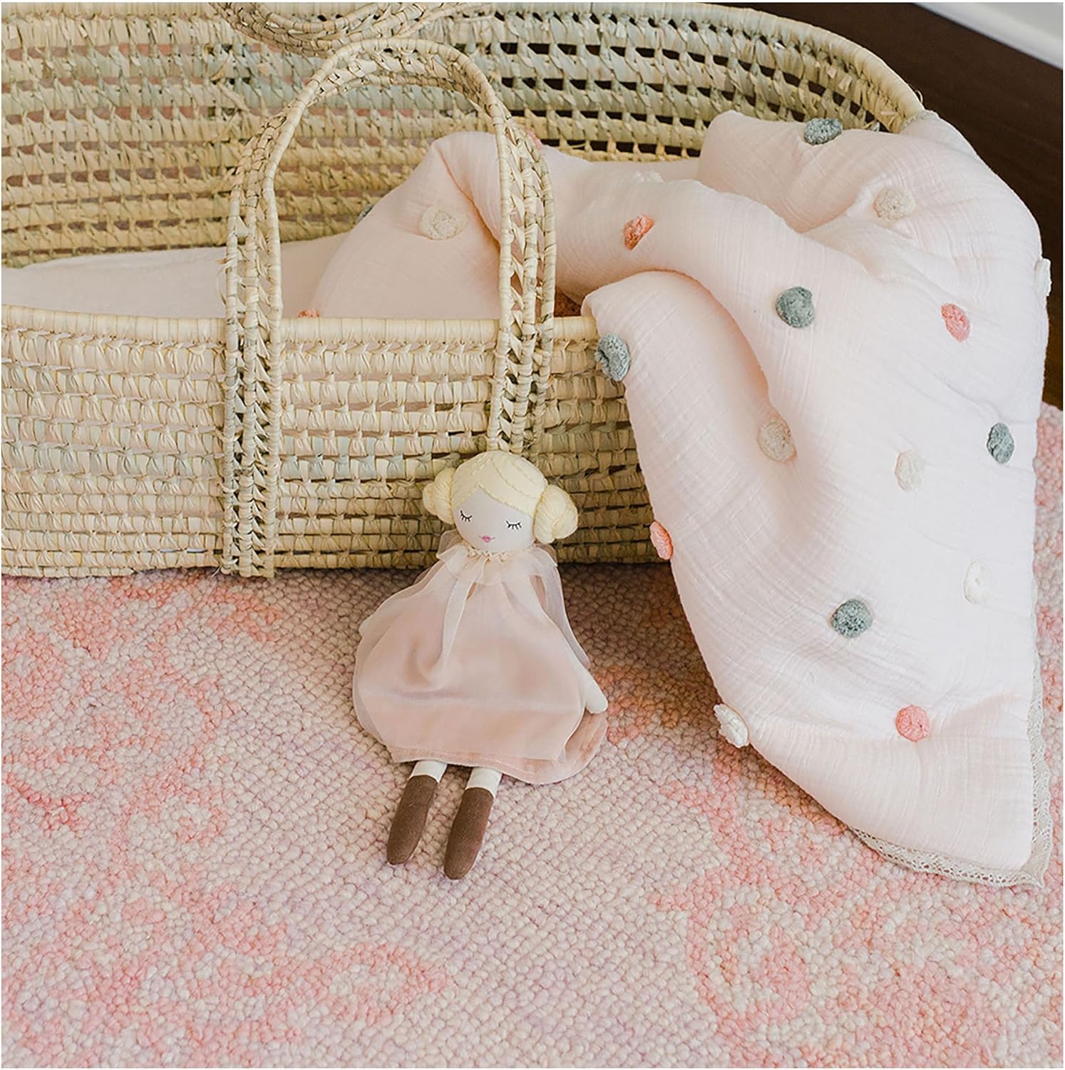 Crane Baby Soft Cotton Muslin Nursery Blanket with Pom Pom Trim, 36" X 36", Stroller Blanket for