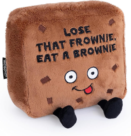 Brownie Foodie Plushie, Funny Pun Meme Gag Gift, White Elephant, Stocking Stuffer Present, Great for Emotional Support, Fun Desk Accessory, Weighted Base for Display