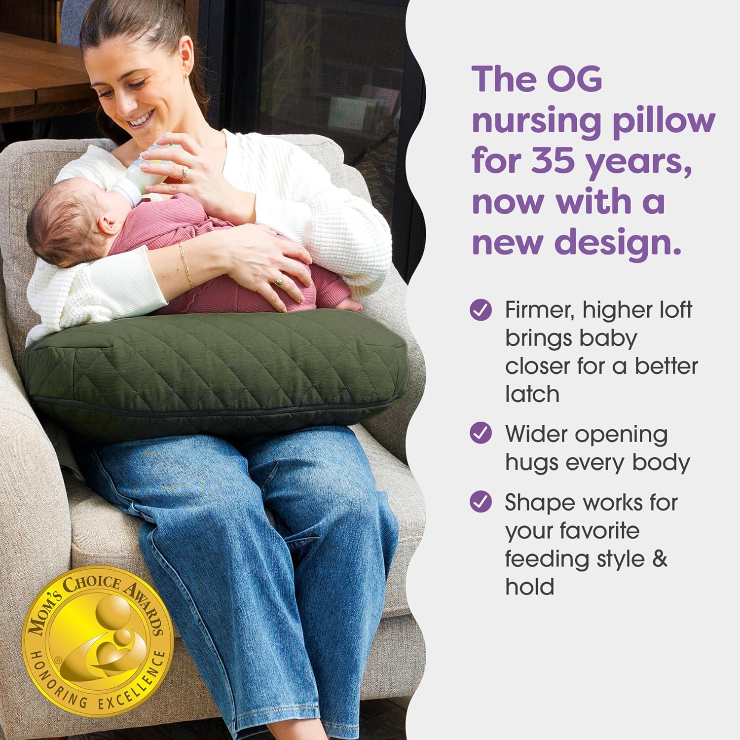 Boppy Nursing Pillow with Luxe Fabric Cover, Quilted Moss, Larger, More Supportive Pillow for