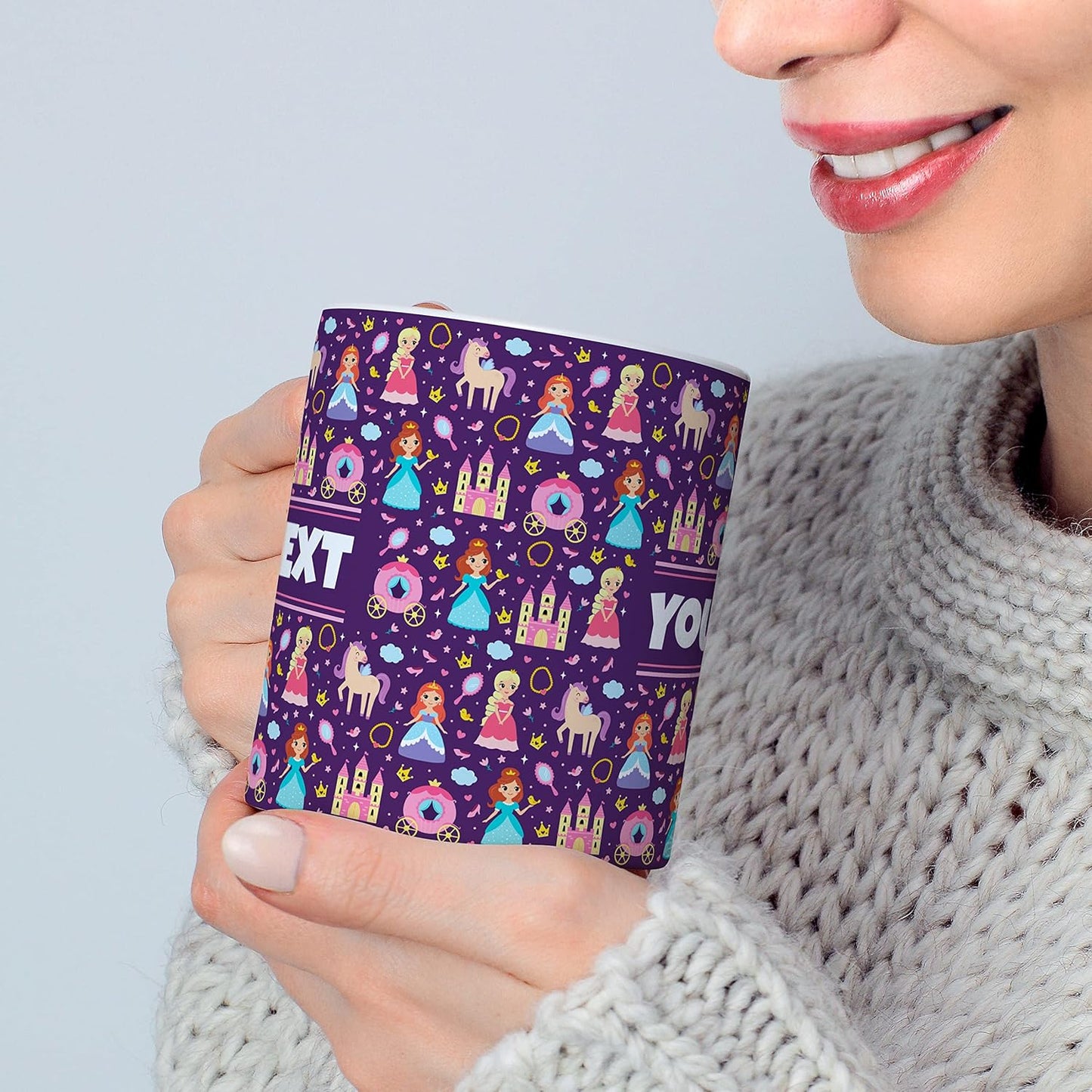 Personalized Mug for Kids - Princesses - Custom Name/Text, Ceramic Hot Chocolate/Cocoa/Coffee Cup for Girls, Birthday/Christmas/Holiday Gift - 15 oz, Navy Blue Handle