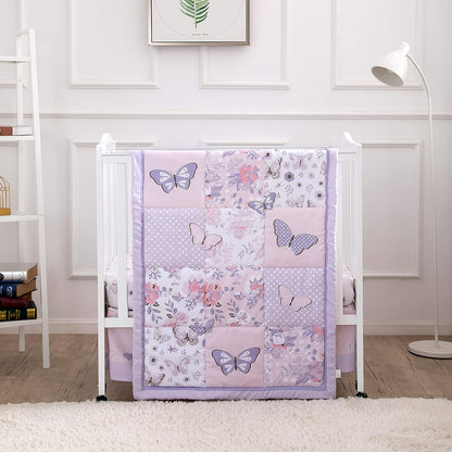 La Premura Baby Mini Crib Bedding Set for Girls, Pastel Purple Butterfly, 3 Piece Crib Set for Nursery Portable Crib, Purple and Pink