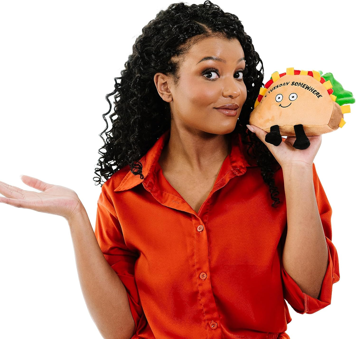 Taco Foodie Plushie, Funny Pun Meme Gag Gift, White Elephant, Stocking Stuffer Present, Great for Emotional Support, Fun Desk Accessory, Weighted Base for Display