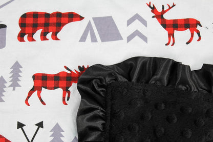 Dear Baby Gear Baby Blankets, Woodland Adventure Bear Moose Lumberjack Plaid, Minky Black, 32 Inches by 32 Inches