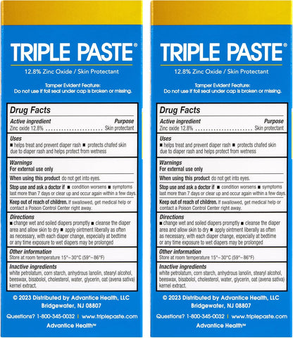 Triple Paste Diaper Rash Cream for Baby - 3 oz Tube - Zinc Oxide Ointment Treats, Soothes and Prevents Diaper Rash - Hypoallergenic Formula with Soothing Botanicals (Pack of 2)