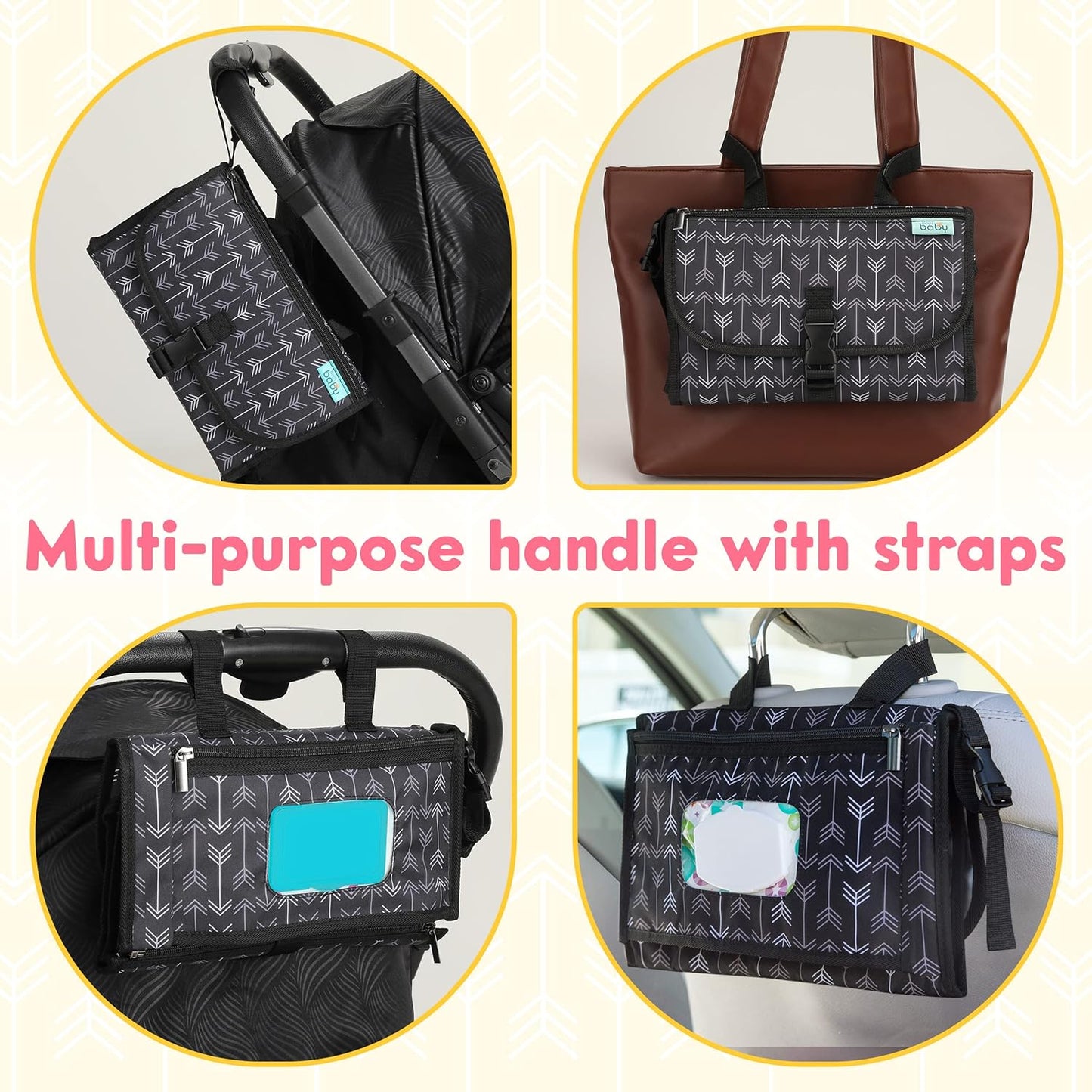 Kopi Baby Portable Diaper Changing Pad - Baby Diaper Changer Travel Bag with Wipes Pocket, Smart Design Portable Changing Mat, Infant Travel Station Kit, Gift for Newborn - Black Arrows, Classic