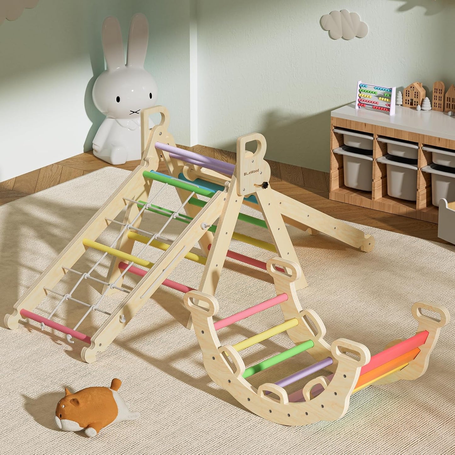 BlueWood 2024 8-in-1 Pikler Triangle Climbing Set Toddler Toys Indoor Baby Jungle Gym Climber Playground for Kids - Rainbow