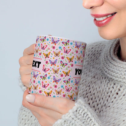 Personalized Mug for Kids - Butterflies - Custom Name/Text, Ceramic Hot Chocolate/Cocoa/Coffee Cup for Girls, Birthday/Christmas/Holiday Gift - 15 oz, Red Handle