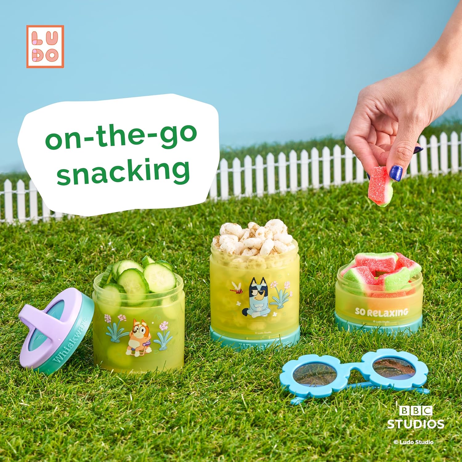 Whiskware Bluey Stackable Snack Containers for Kids and Toddlers, 3 Stackable Snack Cups for School