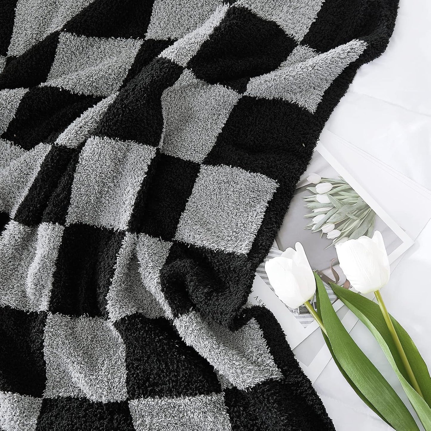 WRENSONGE Checkered Throw Blanket, Black Grey Checkered Soft Cozy Fluffy Warm Hand Made Weave Throw