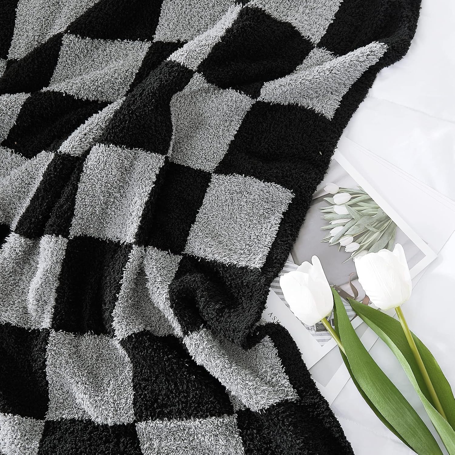 WRENSONGE Checkered Throw Blanket, Black Grey Checkered Soft Cozy Fluffy Warm Hand Made Weave Throw