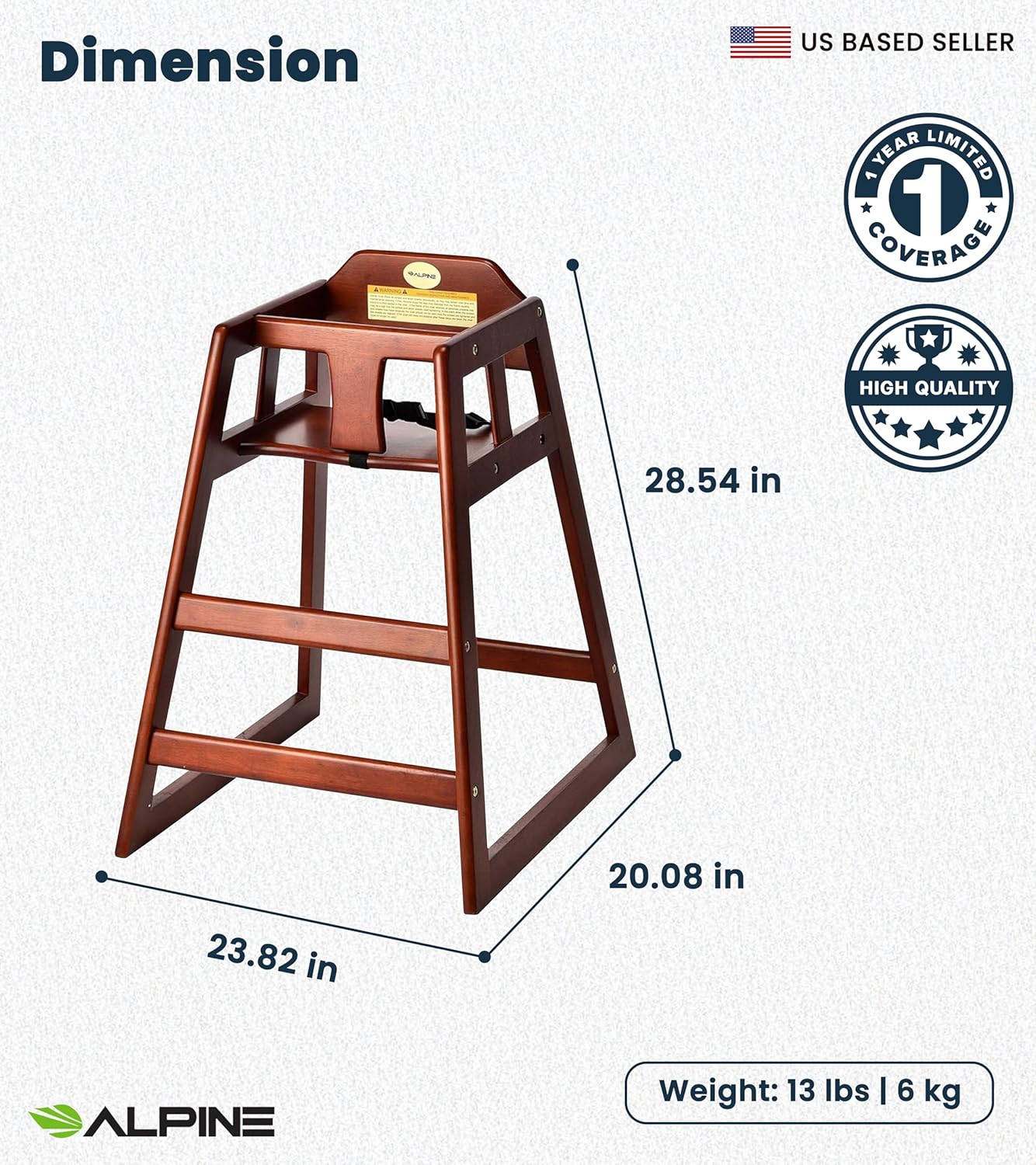Alpine Wooden High Chairs for Babies and Toddlers with Safety Strap, Commercial Grade Restaurant