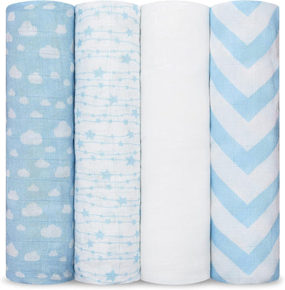 Comfy Cubs Muslin Swaddle Blankets Pack of 4, 47 x 47 Inches, Soft Cotton Baby Blanket Set, Large Multipurpose Swaddling Wraps for Newborns - Self-Soothing Swaddle - Blue