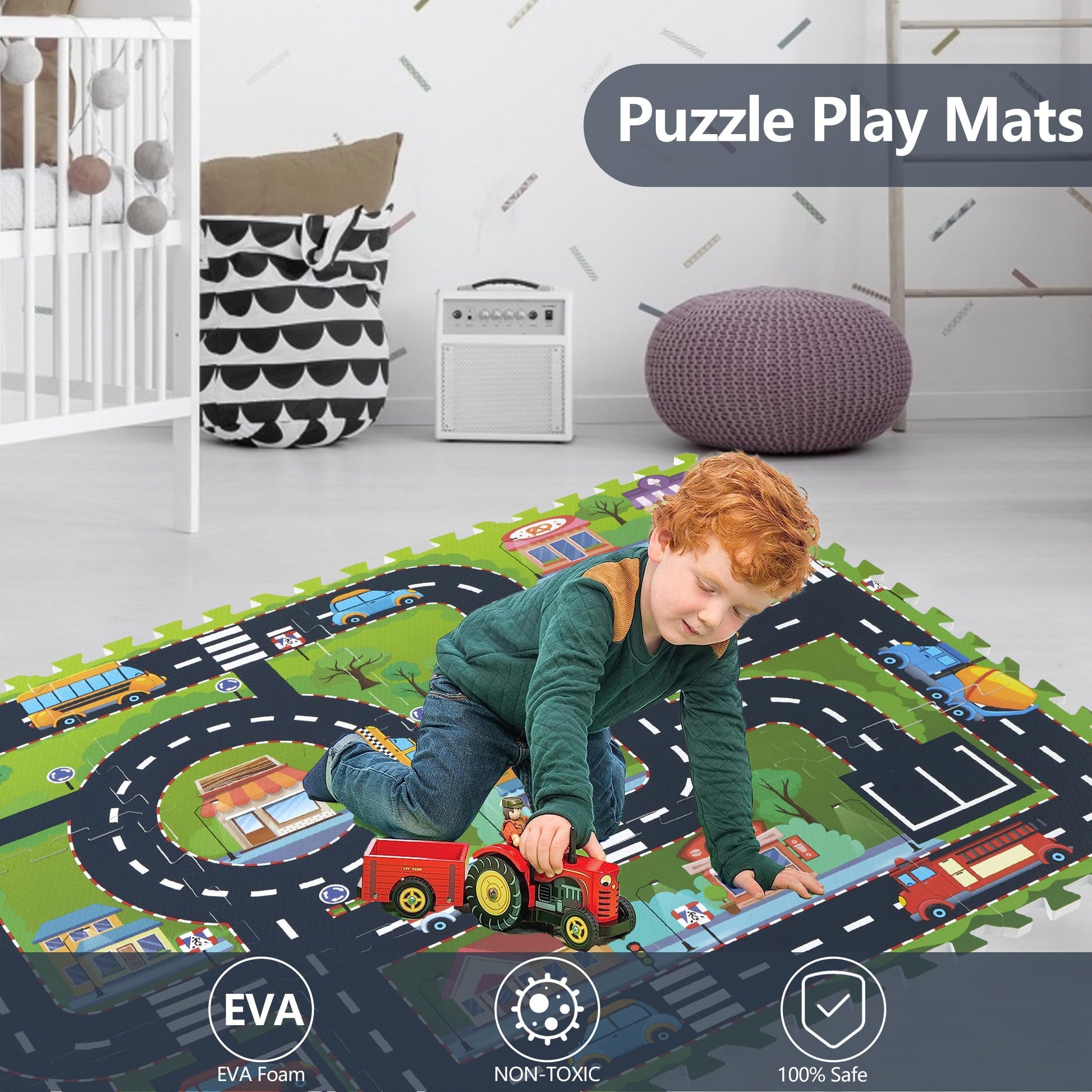 PLAY 10 Foam Play Mat for Baby, Interlocking Foam Tiles, City Road Track Puzzle Mat 12 Pieces