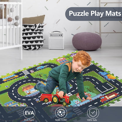PLAY 10 Foam Play Mat for Baby, Interlocking Foam Tiles, City Road Track Puzzle Mat 12 Pieces