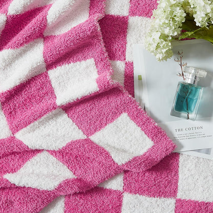 WRENSONGE Checkered Throw Blanket, Hot Pink Soft Cozy Fluffy Warm Hand Made Throw Blankets for